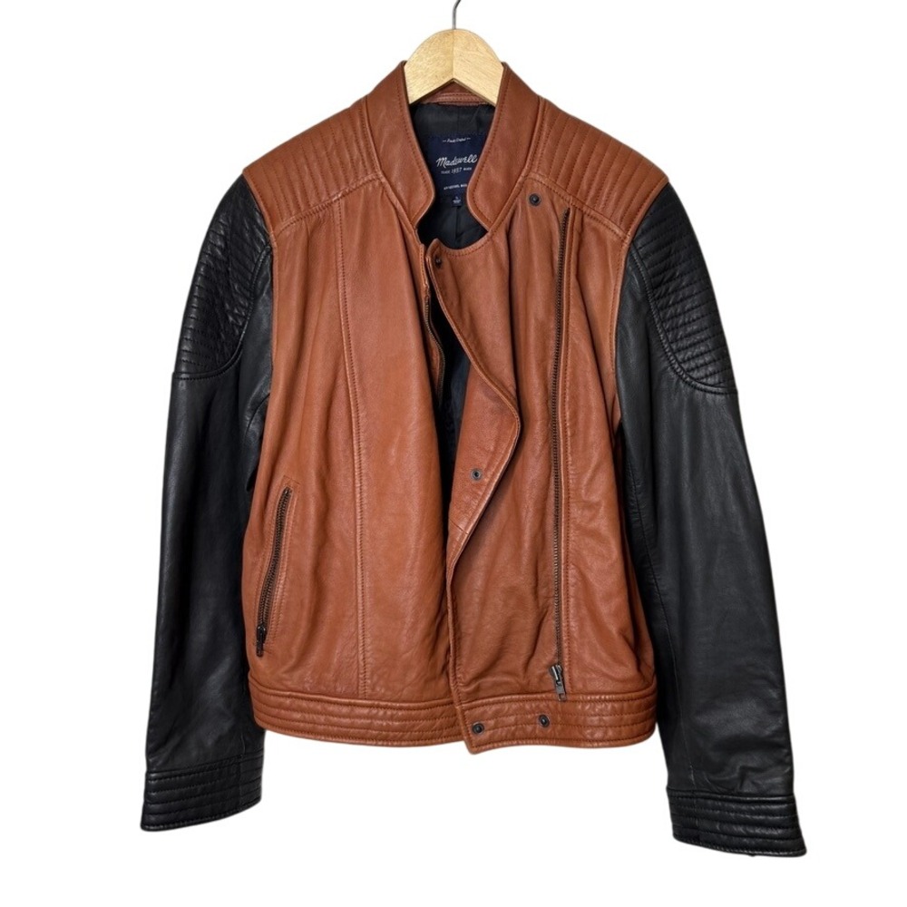 Madewell Colorblock Quilted‎ Backroad Moto Leather Jacket Large Brown Black